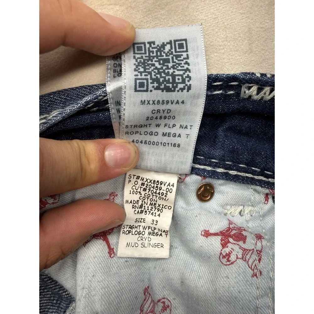 True Religion Straight Mega T Jeans Mens 33 Flap Pocket Mud Slinger Thick Stitch